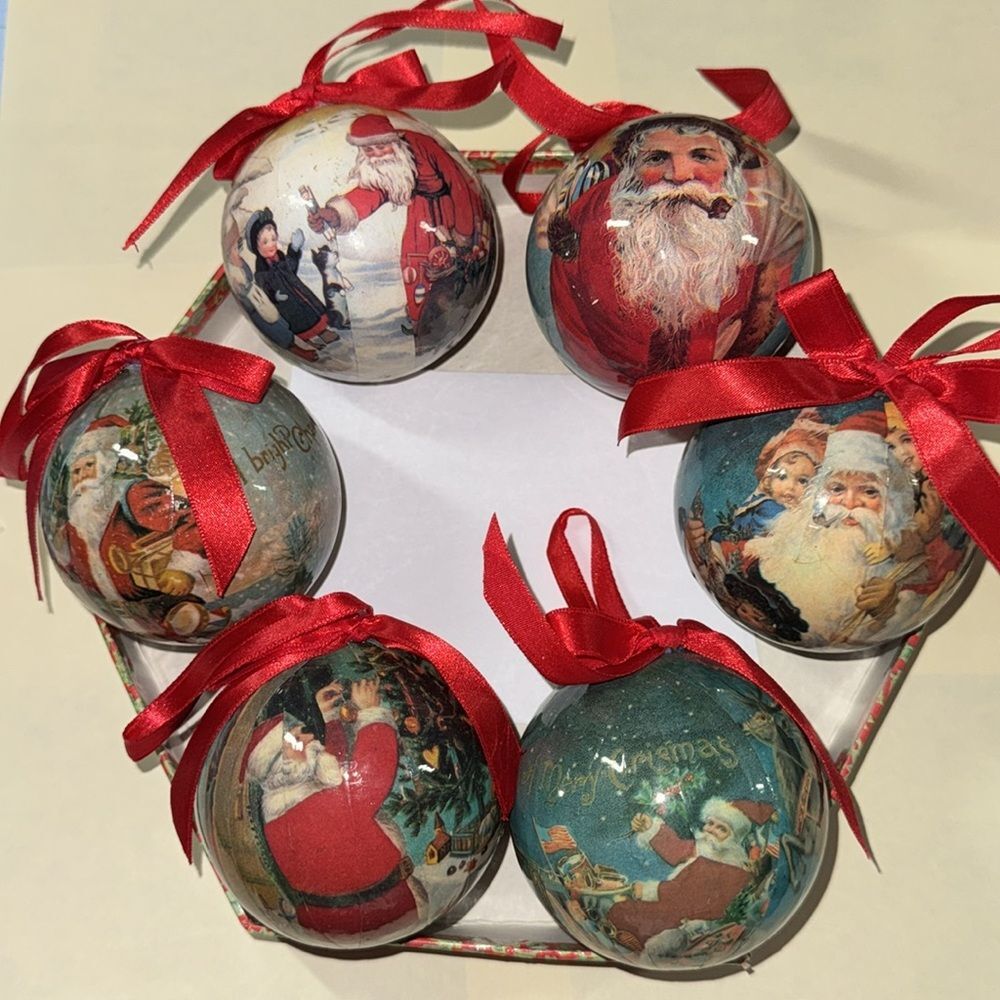 Vintage 1995 C&F Antique Santas Papier Mache Decoupage Ornament Set 6
